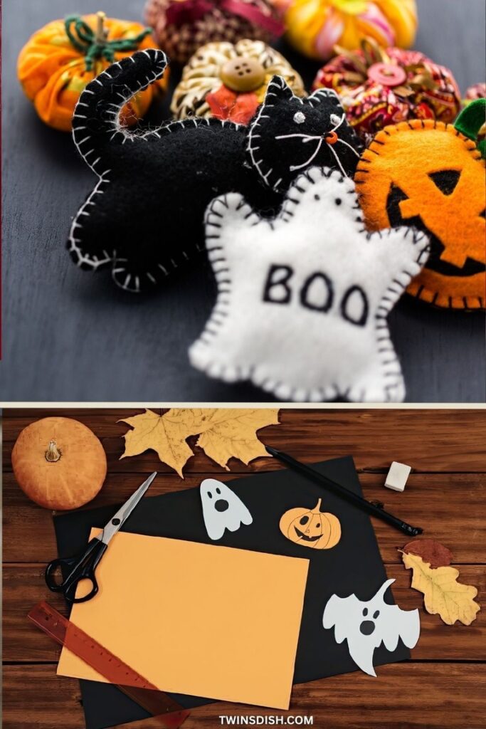 Easy felt Halloween crafts featuring a black cat, ghost, pumpkin, and simple paper ghost and pumpkin craft ideas for kids and adults.