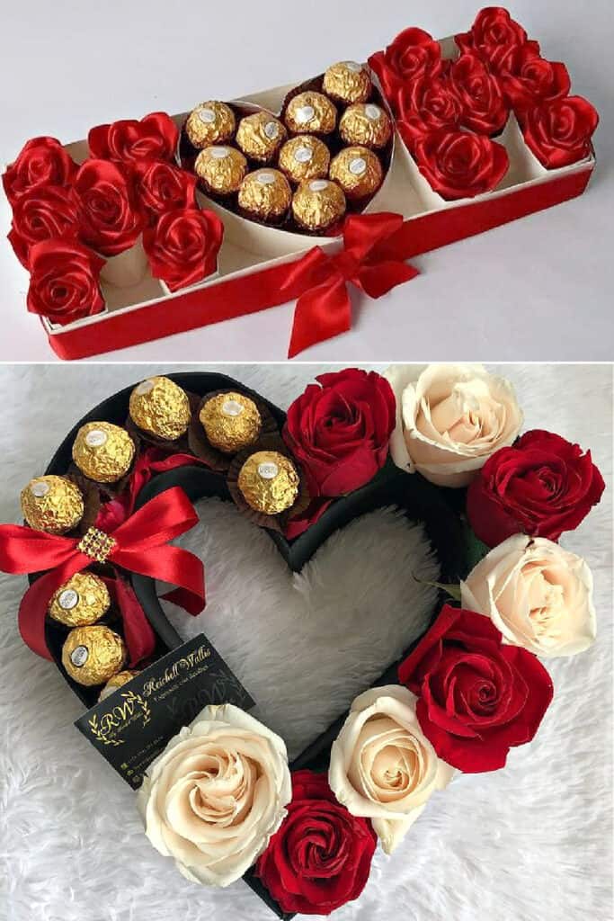 Gift Basket ideas for mom, heart shaped box or letter box with roses and Ferrero Roche
