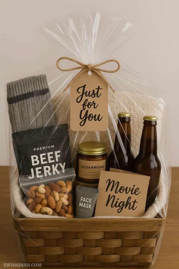 Movie night gift basket for him with snacks and drinks