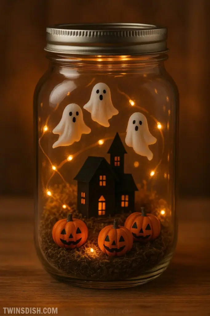 Easy DIY Dollar Tree Fall Halloween Decor Crafts For Kids and Adults Terrarium jar with air dry clay pumpkins ghosts and haunted house with fairy lights