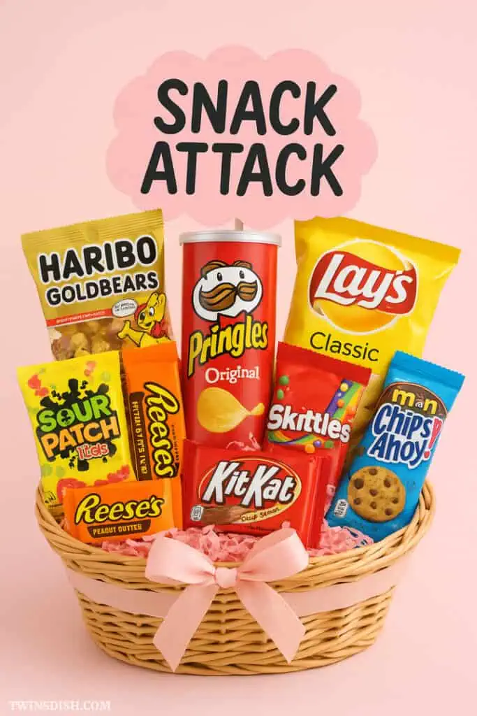 Snack attack gift basket with chips and candy