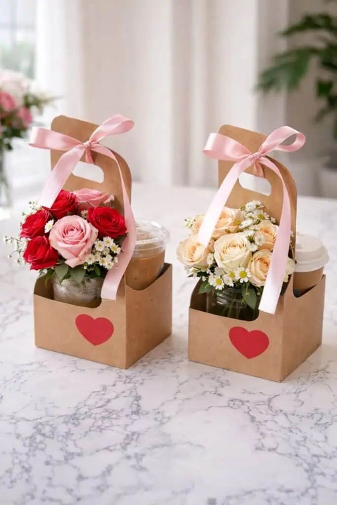 Valentine’s Day cup holder gift with coffee and rose bouquet in paper cup holder caddy with pink ribbon on marble table