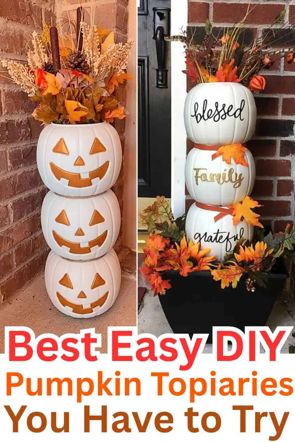 A 3 tiered Fall Pumpkin topiary with Halloween jack o lantern faces on one side and the Thanksgiving words blessed, family, and grateful on the other side.