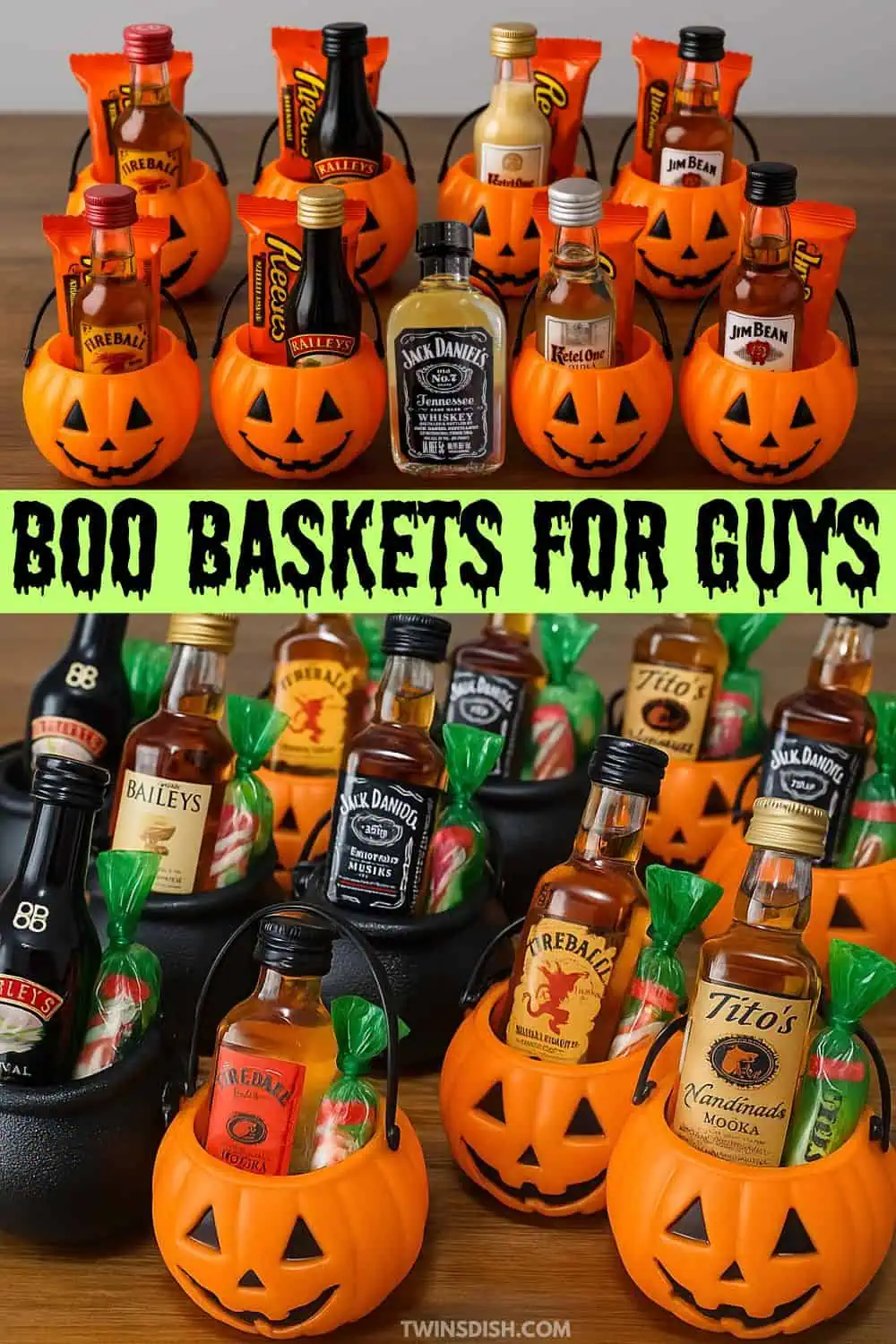 Mini pumpkin buckets and black cauldrons filled with mini liquor bottles, candy, and festive wrapping, perfect for boo baskets for guys, co-workers, neighbors, or friends. Fun and affordable DIY Halloween gift ideas for men.