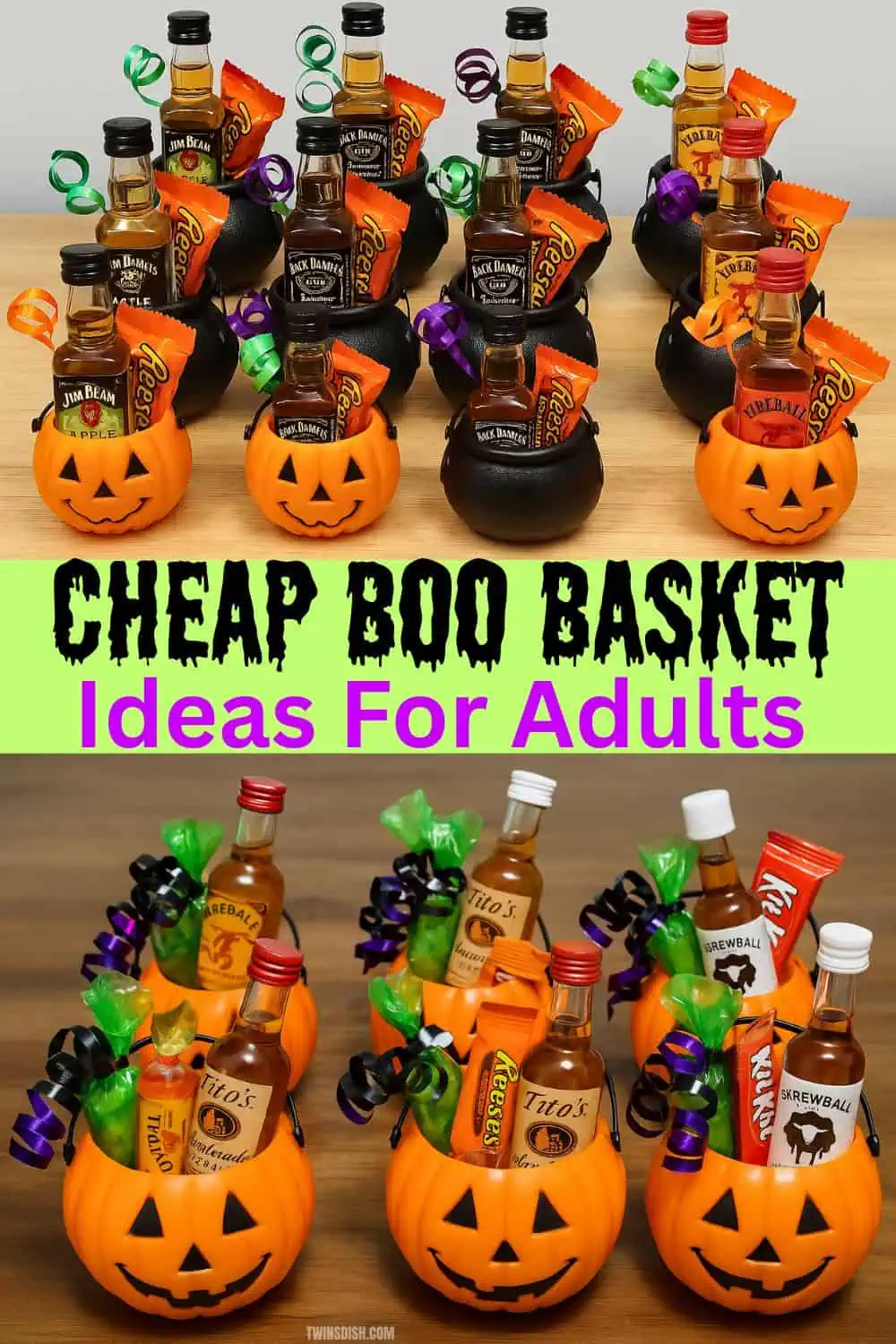 Mini Halloween pumpkin buckets and cauldrons filled with mini liquor bottles, candy, and ribbon, perfect for cheap boo basket ideas for adults, co-workers, neighbors, guys, and friends. Fun, affordable DIY Halloween gifts and party favors.