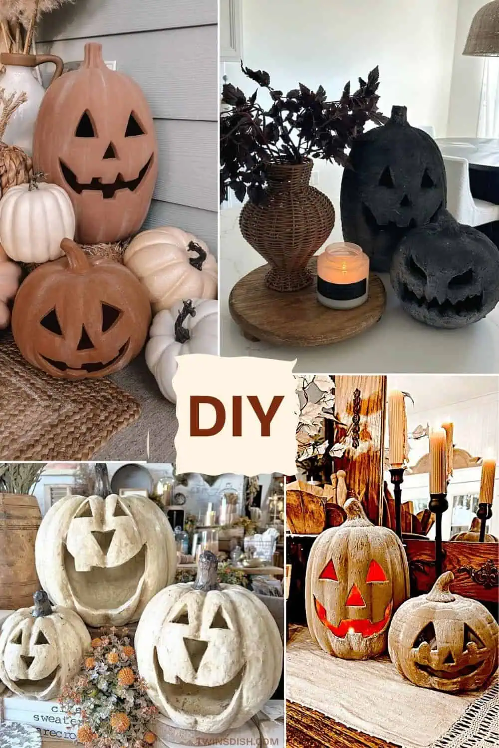 Collage of DIY terracotta pumpkin crafts featuring rustic clay jack-o’-lanterns, moody black pumpkins, and neutral farmhouse-inspired fall decor.
