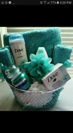 Teal coded dollar store beauty gift basket idea