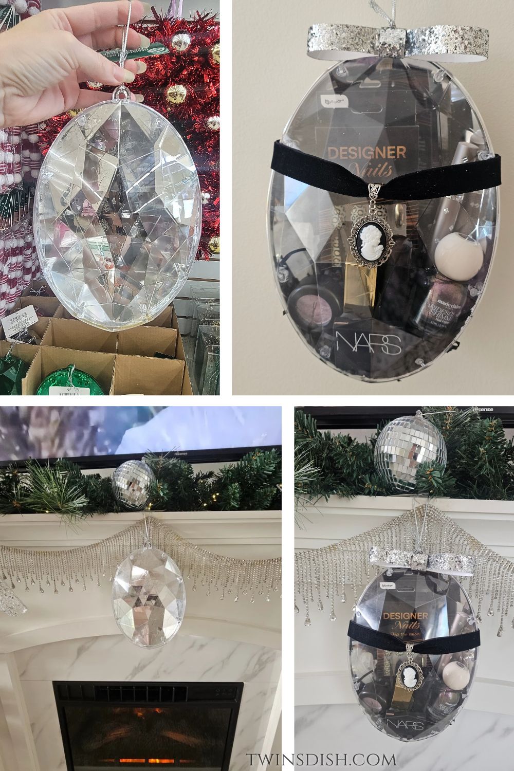 Dollar Tree clear faceted diamond ornament transformed into a hanging Christmas gift basket filled with makeup, nail polish, and beauty gifts, finished with a glitter bow and cameo choker and displayed on a decorated mantel.