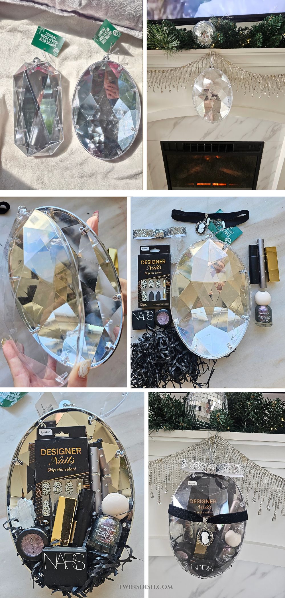 Dollar Tree clear faceted diamond ornaments shown step by step as a DIY hanging Christmas gift basket filled with makeup, nail polish, a bath bomb, crystals, and shredded paper, then finished with a glitter bow and cameo choker.