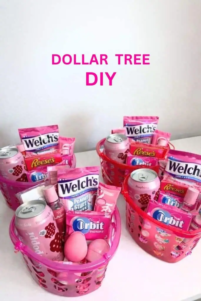 Dollar Tree DIY Valentine’s Day gift baskets with pink snacks, candy, soda, and beauty items