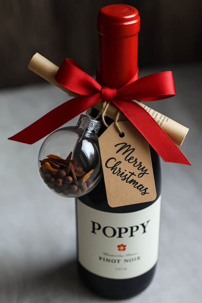 Wine bottle decorated for Christmas with a red bow, “Merry Christmas” tag, mulled spice-filled ornament, and rolled recipe tied around the neck.