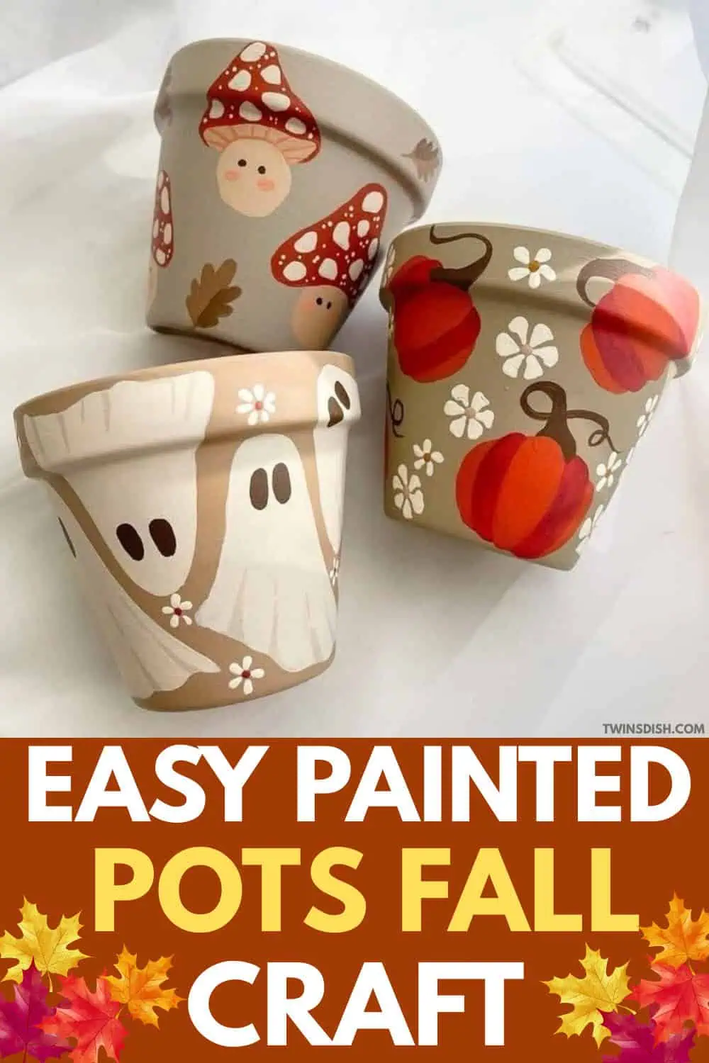 DIY painted fall pots decorated with ghosts, pumpkins, mushrooms, and flowers. An easy autumn craft idea for kids and adults that works for fall decor or Halloween decorations.