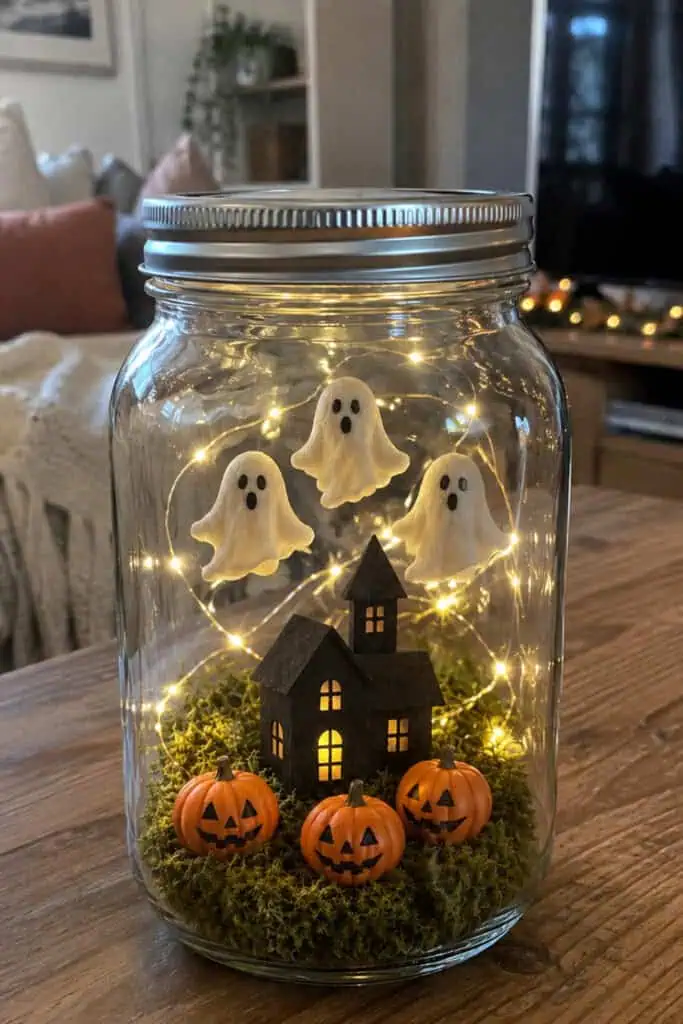 DIY Halloween mason jar terrarium with glowing fairy lights, salt dough ghosts, miniature jack-o’-lanterns, a haunted house, and moss.