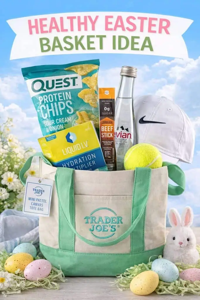 Healthy Easter basket idea with pastel tote bag filled with Quest protein chips, Evian water bottle, beef jerky stick, Liquid IV box, Nike hat, and tennis ball for teens and adults.