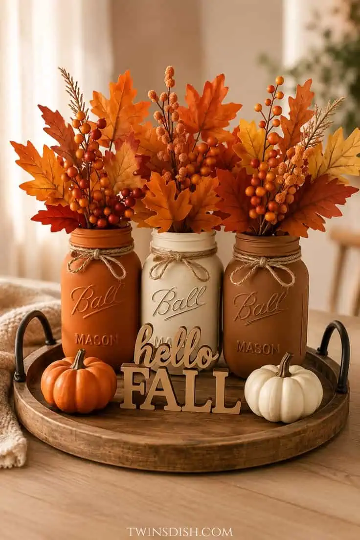 DIY fall centerpiece with painted mason jars filled with orange autumn leaves, berries and branches, displayed with small pumpkins and a “Hello Fall” sign.