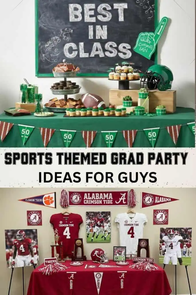 Pinterest pin featuring sports themed Graduation party ideas for boys featuring Alabama decor and Best In Class food table