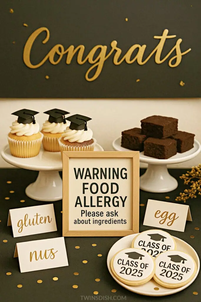 Graduation Party Food or Dessert Table decorations Black and gold Cookies cupcakes