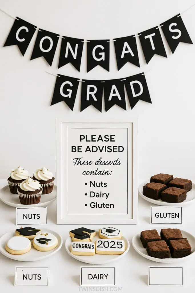 Graduation party Desserts on Table with decorations and allergy warning