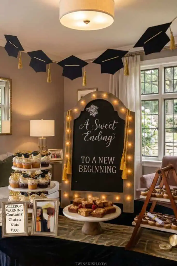Graduation party dessert table with cupcakes, brownies, and a chalkboard sign reading “A Sweet Ending to a New Beginning,” decorated with graduation caps and gold accents.