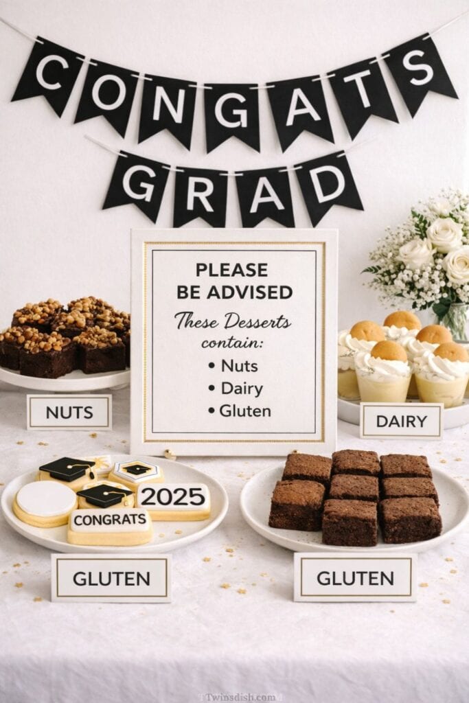 Organized graduation dessert table with labeled allergen signs for nuts, dairy, and gluten, featuring brownies, cookies, and cheesecake cups under a “Congrats Grad” banner.