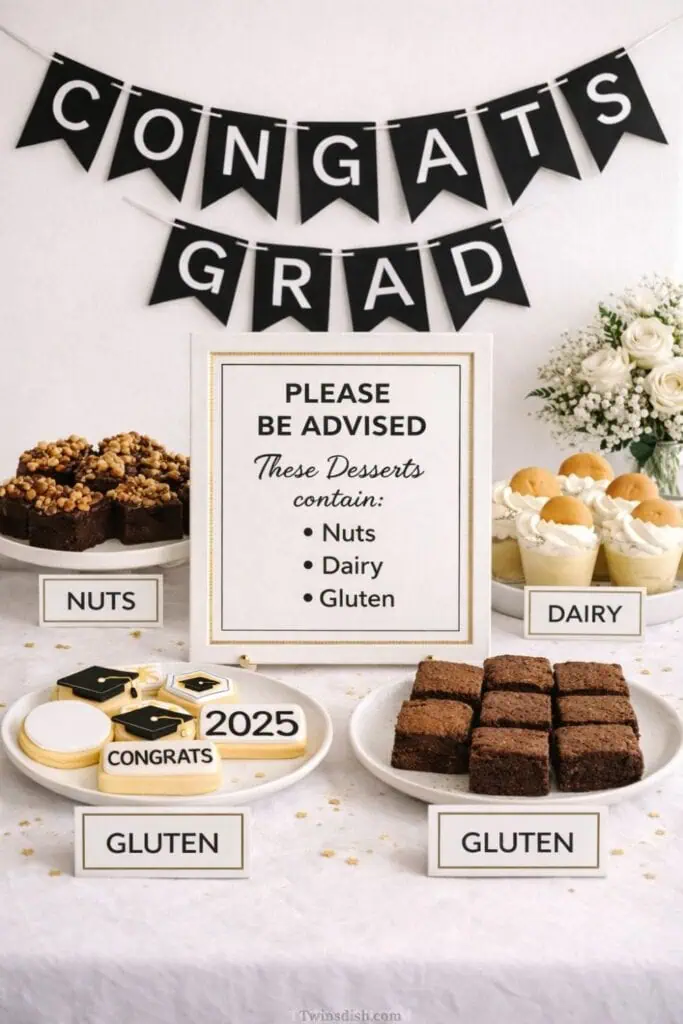 Organized graduation dessert table with labeled allergen signs for nuts, dairy, and gluten, featuring brownies, cookies, and cheesecake cups under a “Congrats Grad” banner.