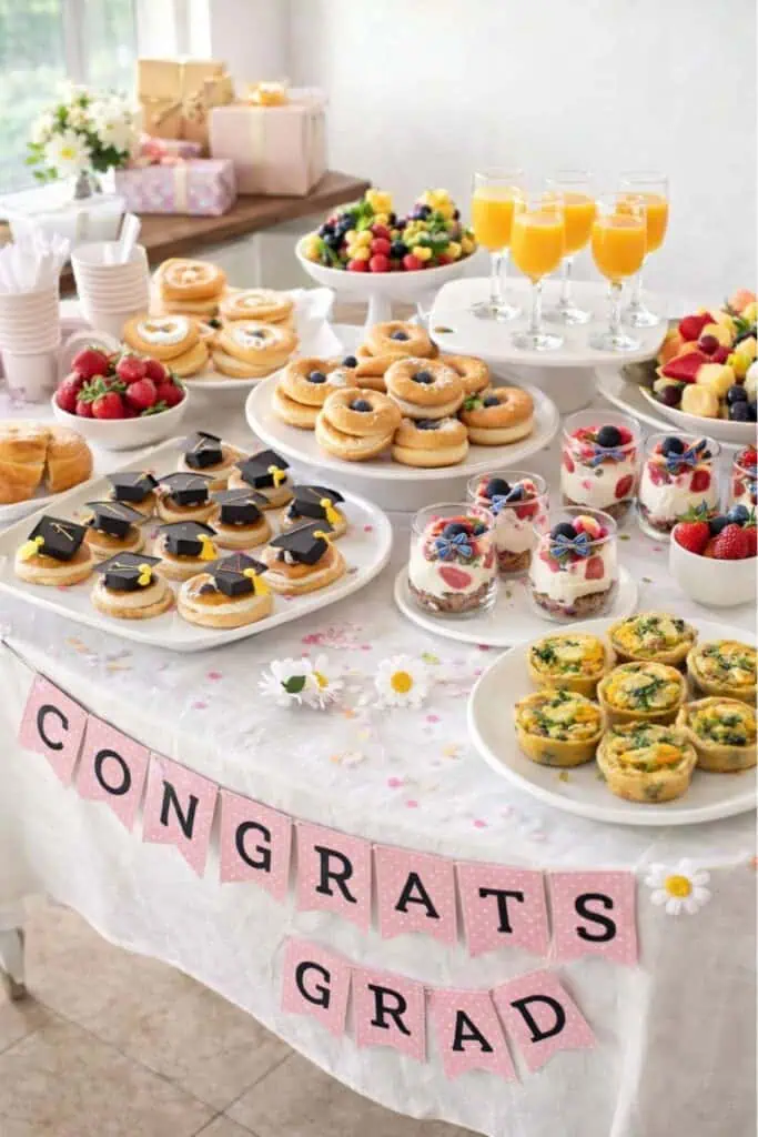 Graduation brunch food table with cute mini desserts, fruit parfaits, bagels, juice glasses, and simple party decorations