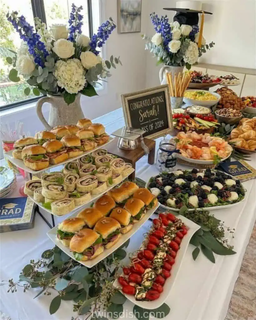High school graduation party food table with sliders, pinwheels, shrimp platter, charcuterie board, and elegant floral centerpieces in tall vases