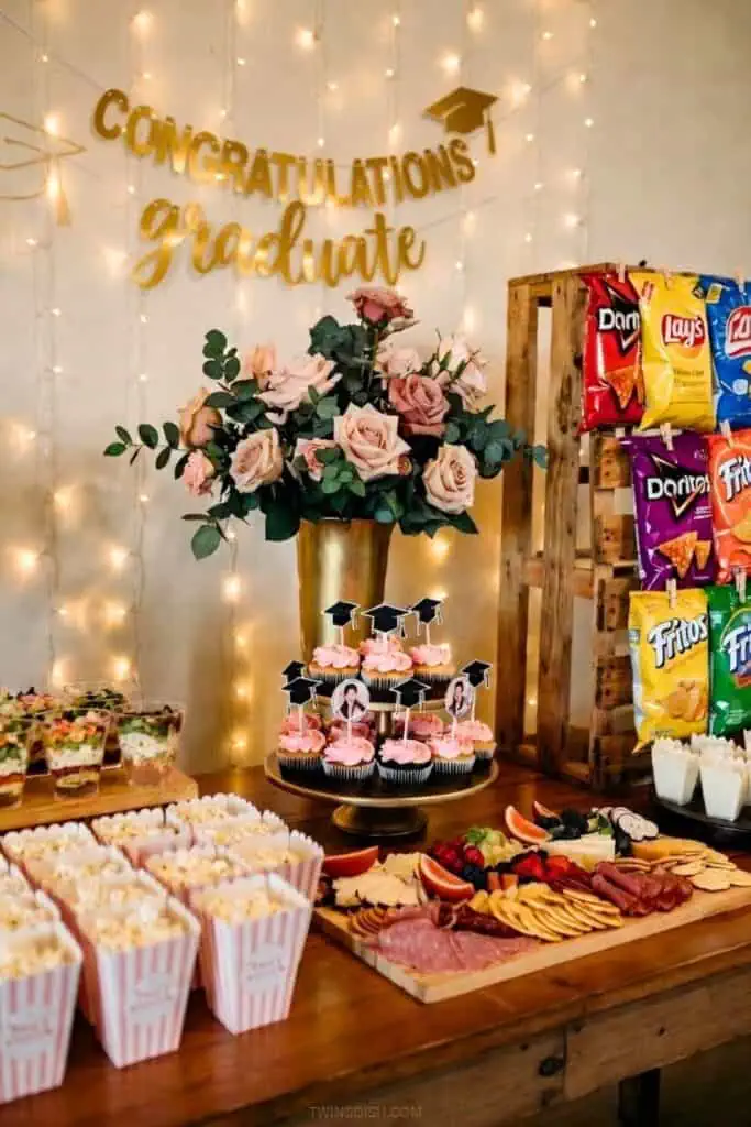 Blush pink and gold graduation party food table with string lights backdrop, featuring cupcakes with grad toppers, charcuterie board, popcorn boxes, salad cups, and rustic chip display.
