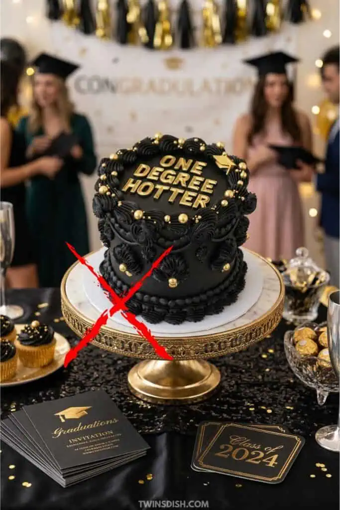 Black and gold graduation cake with “One Degree Hotter” topper on an elegant graduation dessert table, shown as an example of graduation cake ideas to avoid for a grad party celebration.