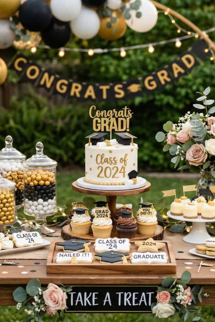 graduation dessert table with cake cupcakes cookies class of 2024 black gold party decorations dessert bar ideas