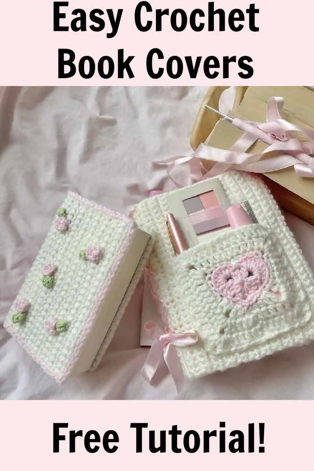 Easy crochet book covers,, white with pink roses and detail