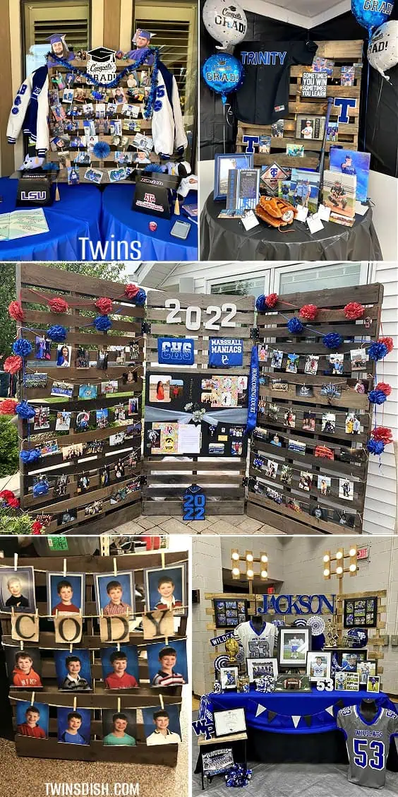 Free Graduation Party Photo Display ideas, Senior Table, and memory table photo display ideas for boys AND TWINS using wood pallets