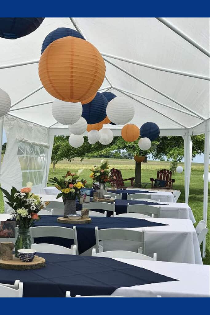 Graduation Party Tent and Table Decorations with lanterns gold and blue