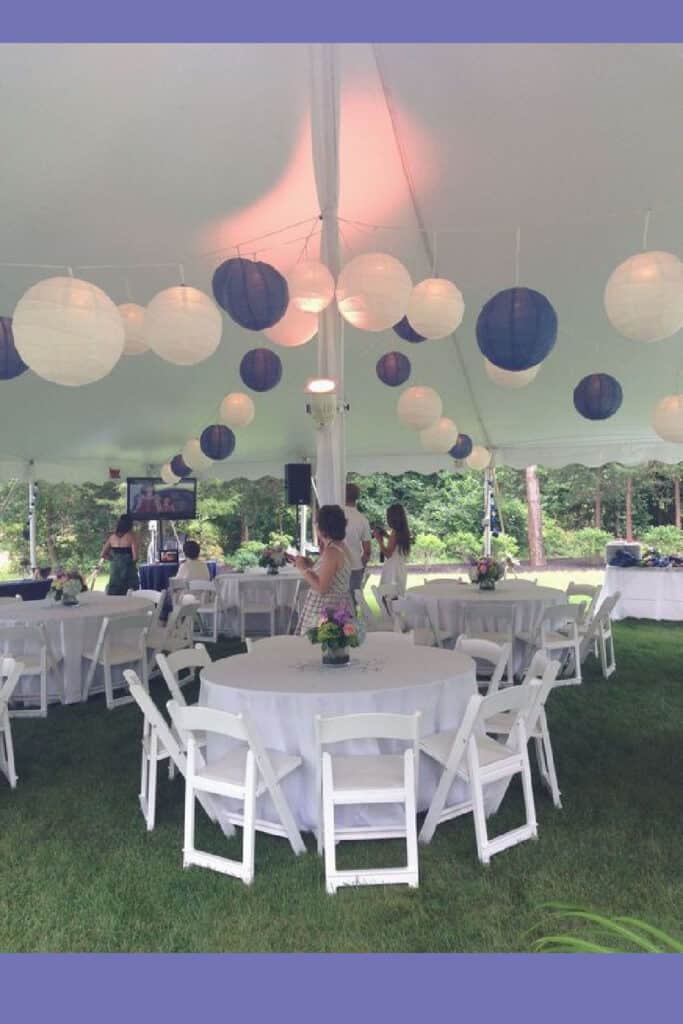 Easy Graduation party ideas for outdoor tables and tent decorations with lanterns