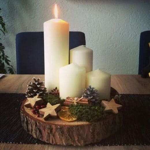 Wood Slice decorative tray with candles for Christmas