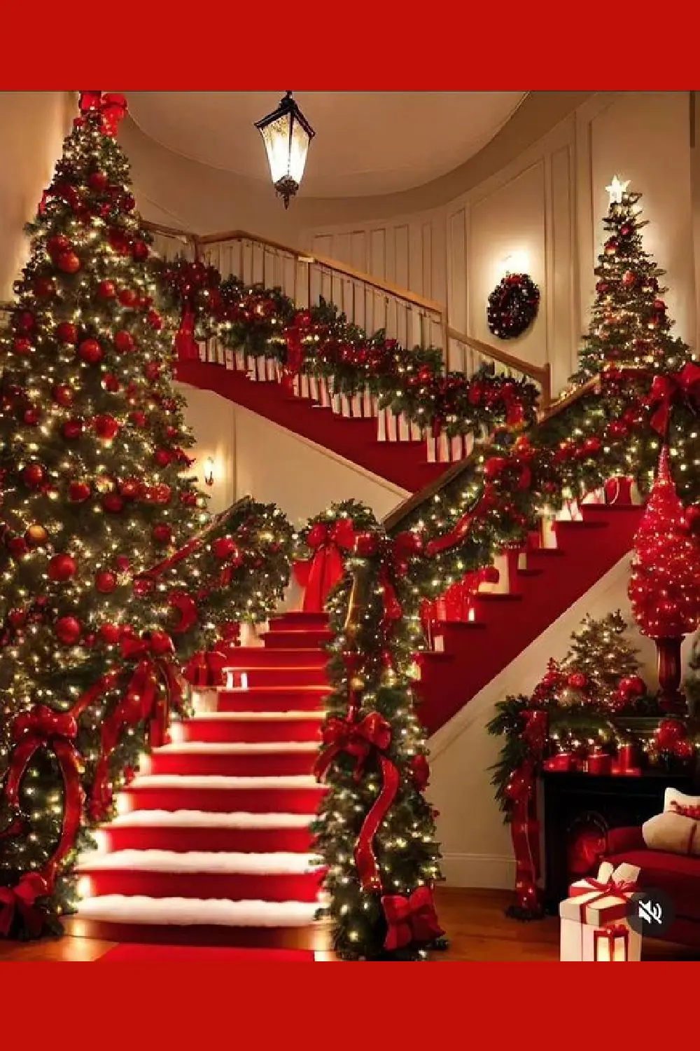 Elegant Red Garland on Banister stairs in living room surrounded by Christmas trees and wreaths