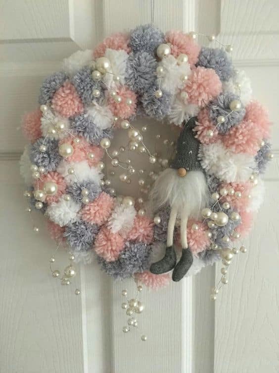 Easy Diy Dollar Store Christmas Gnome Wreath with Pom Poms and Pearls Pink and Silver