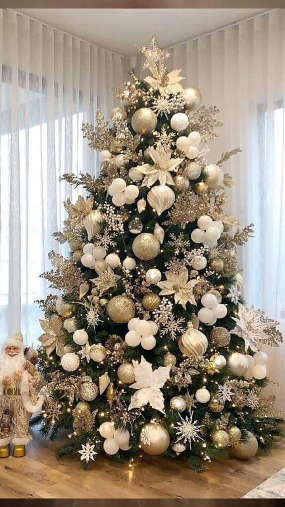 Christmas Tree Idea White and Gold poinsettia flower glitter