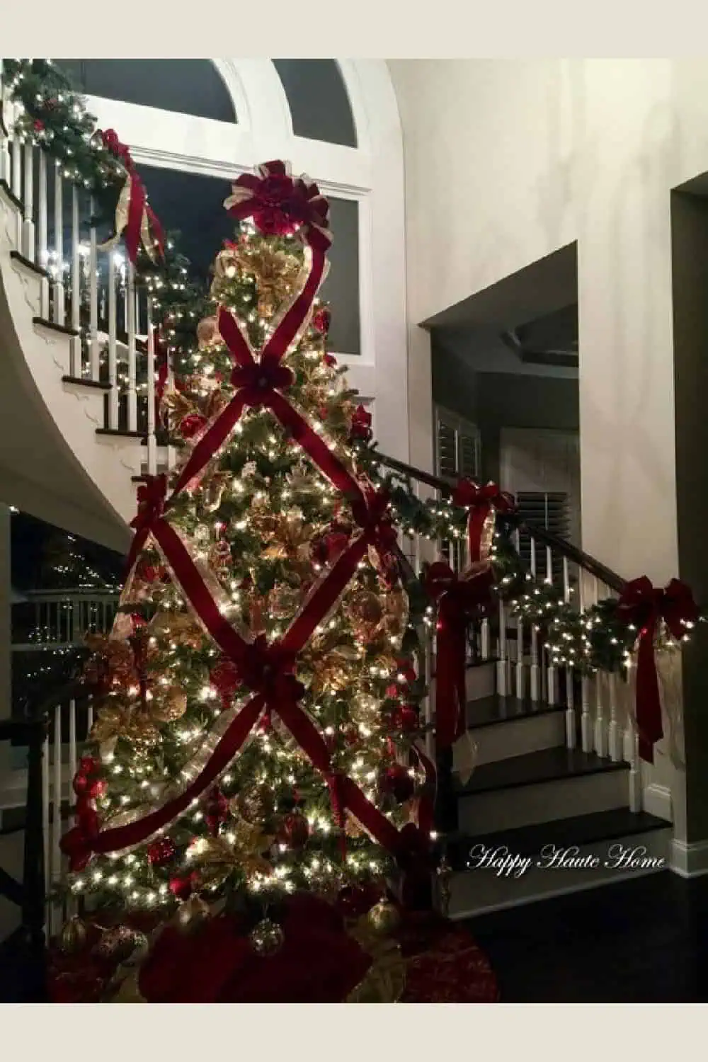 Christmas tree with a red criss cross ribbon design