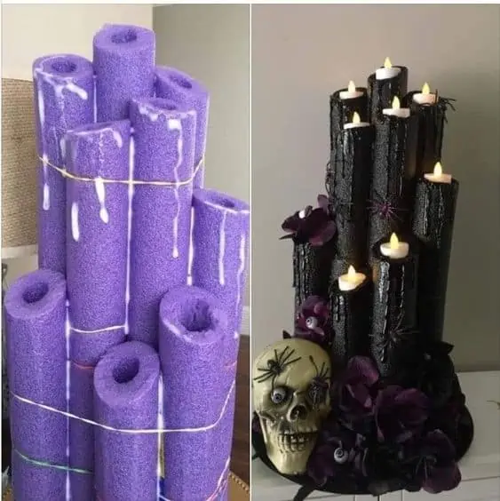 Easy DIY Dollar Store Halloween Skull chandelabra from pool noodles