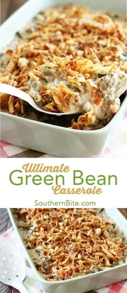 Green bean casserole with cheese, mushrooms, and fried onions