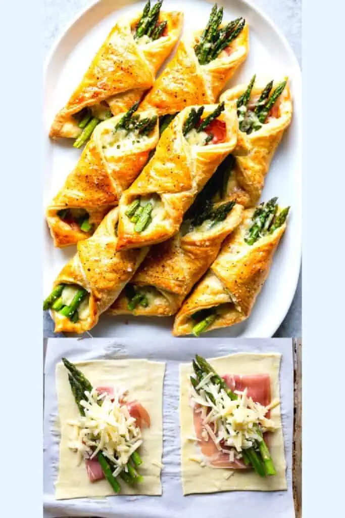 Prosciutto, melted cheese, and asparagus puff pastry wrapped appetizer