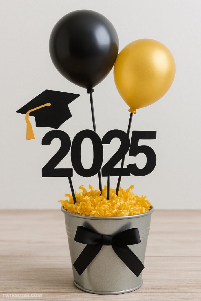 DIY black and gold graduation centerpiece for 2025 featuring a silver metal bucket with yellow paper filler, black and gold balloons, a black graduation cap cutout, bold black ‘2025’ numbers, and a black ribbon bow on the front of the bucket.
