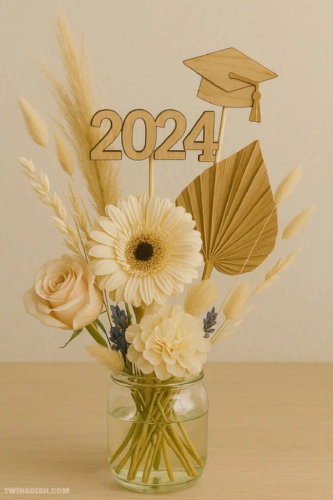 Boho graduation party centerpiece with neutral flowers, pampas grass, and a wooden 2024 sign in a clear glass jar.