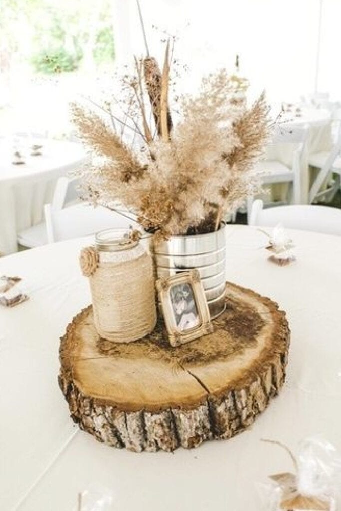 Outdoor Graduation Party Pampas Grass Centerpiece  Rustic with picture and wood slice