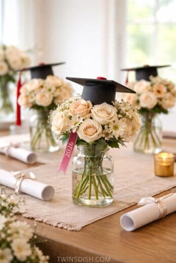 Elegant graduation party centerpiece featuring cream and beige roses in a glass jar topped with a graduation cap, neutral table decor, and rolled diplomas for a Class of 2026 celebration