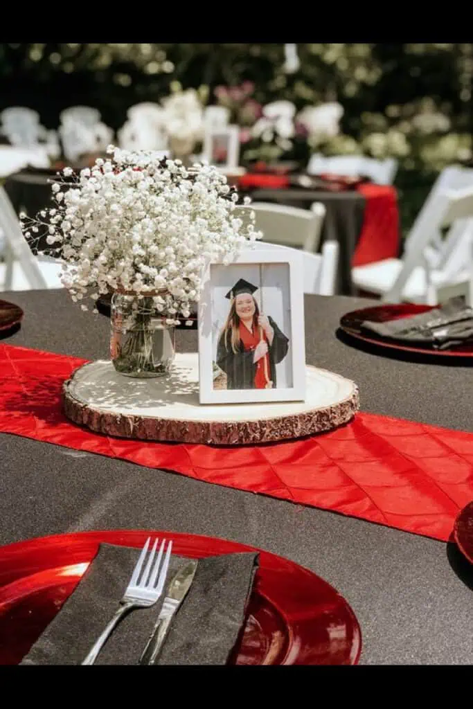 Graduation Party Photo Centerpiece with baby's breath and  rustic wood slice