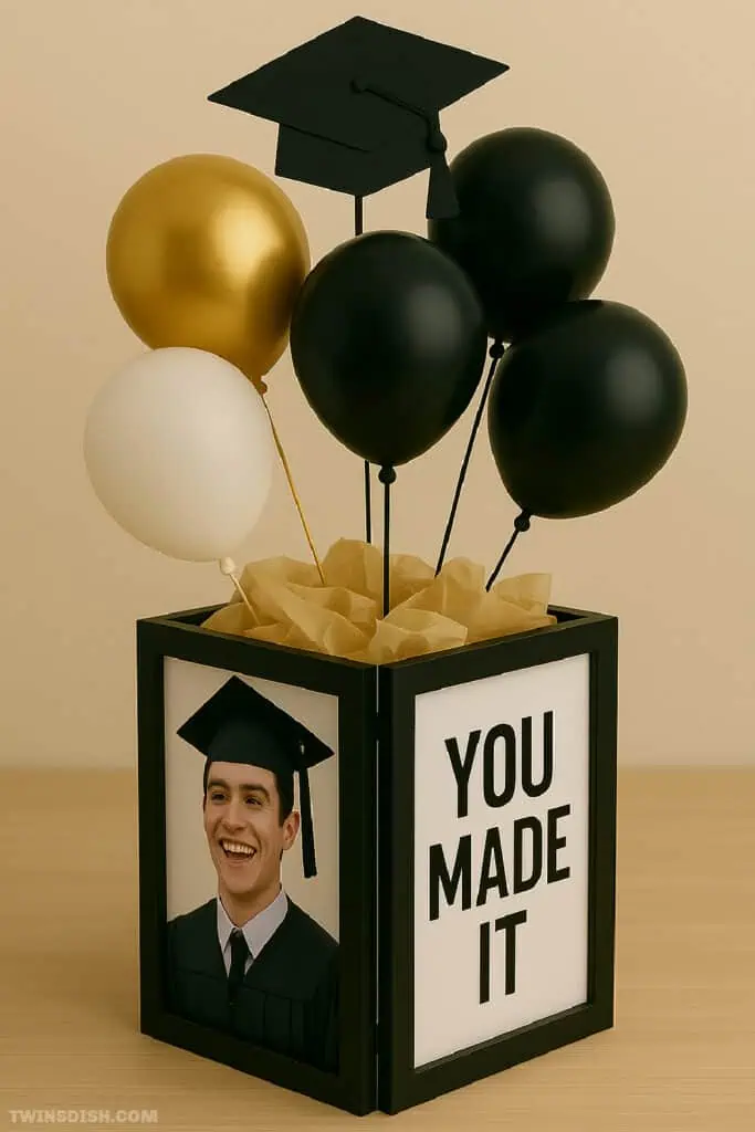 DIY graduation centerpiece with black frames, balloons, a grad cap, and ‘You Made It’ sign — perfect 2025 party decor idea