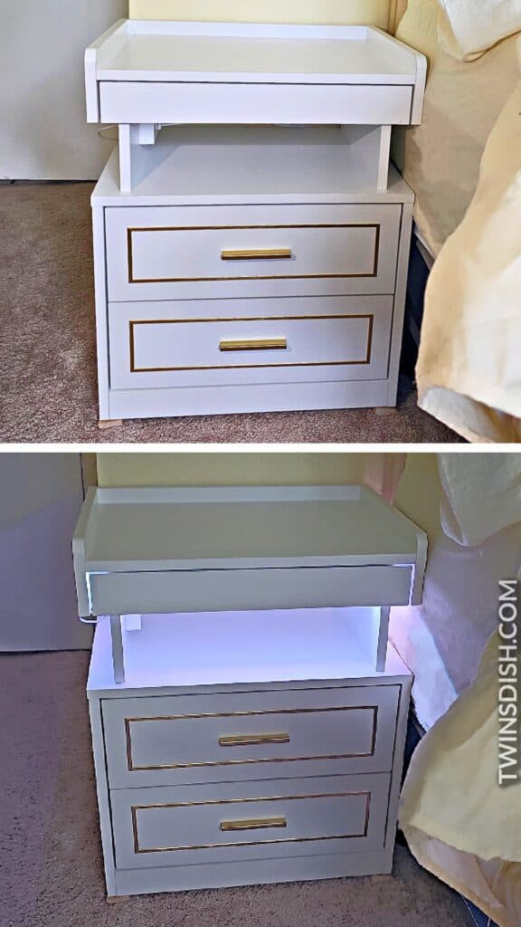 White Lighted, usb charging station small nightstand with gold trim for dorm or small bedroom 