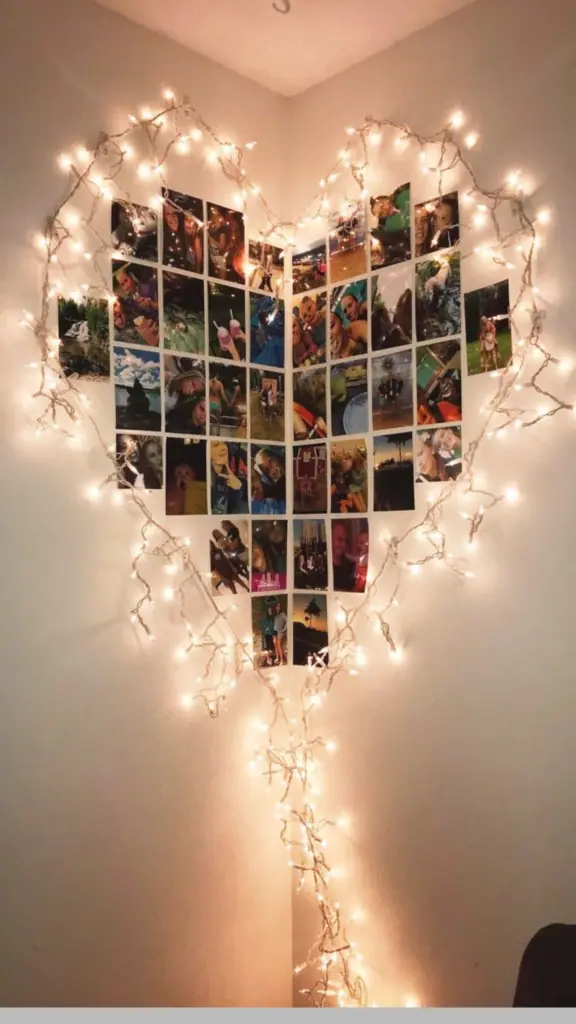 Dorm room Wall Decor Pictures in the shape of a heart with lights for College and small apartments